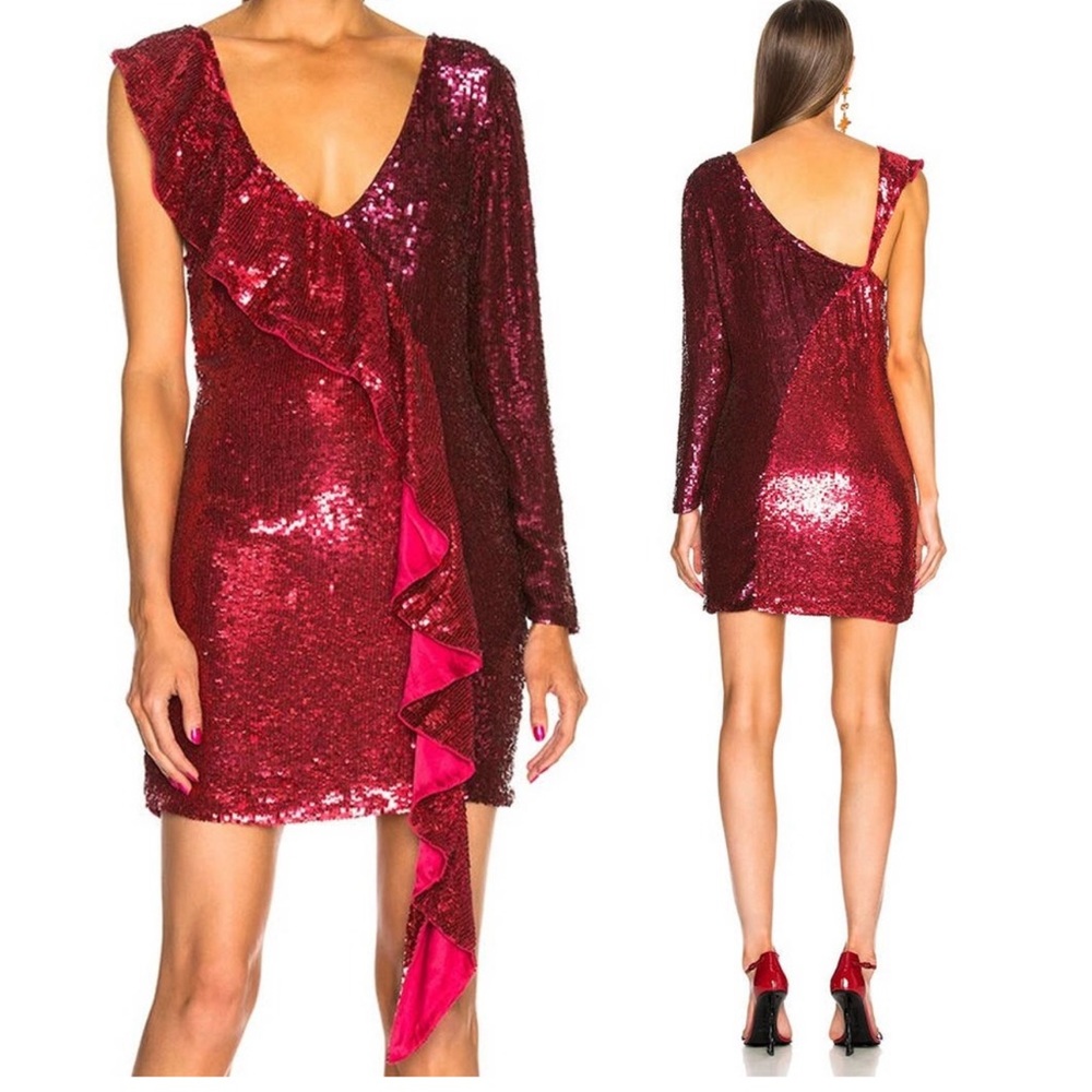 RETROFETE Wendy Sequin Two Tone Pink & Red One Sleeve Mini Dress US Small